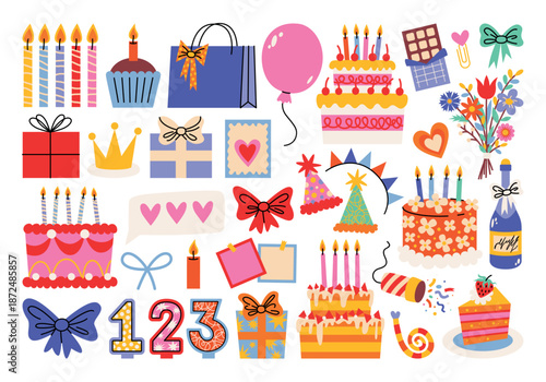 Birthday party elements in doodle style, balloons, gifts, cakes, candles, gift boxes, bows, confetti. Flat cartoon illustrations for decorating parties, gifts, greetings, birthday, festival, carnival.