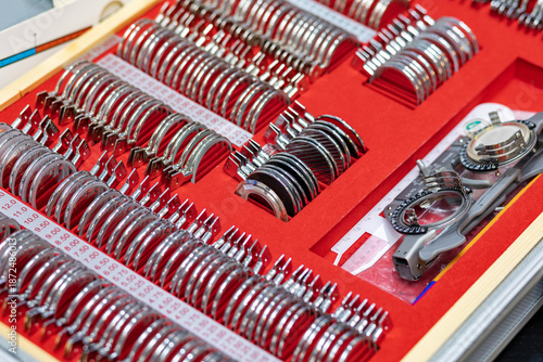 Russia. Saint Petersburg. Set of trial lenses for vision testing.