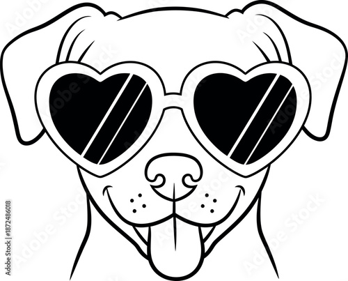 Cute happy smiling dog wearing stylish heartshaped sunglasses in a cool cartoon doodle line art illustration isolated on transparent background
