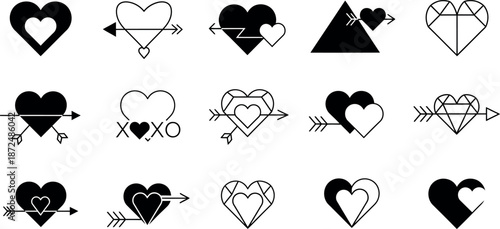 Diverse collection of black and white heart icons featuring Cupid arrows and geometric shapes for love themed designs