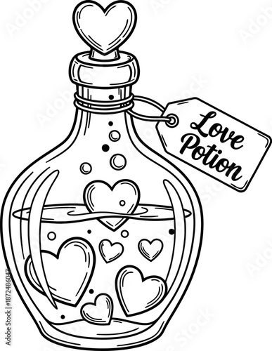 Hand drawn enchanting love potion bottle with a heart shaped stopper and floating hearts inside perfect for romantic designs
