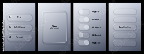 Liquid glass morphism vector ui elements. User interface design with clear frosted glass effect. Modern ux elements for website.
