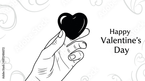 Minimalist hand holding a glossy black heart illustration with Happy Valentines Day text and subtle decorative swirls