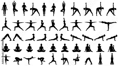 Dynamic Yoga Poses Display, Fitness Series, Studio Setting, Illustration, Wellness Environment, Top View, Health and Movement Concept