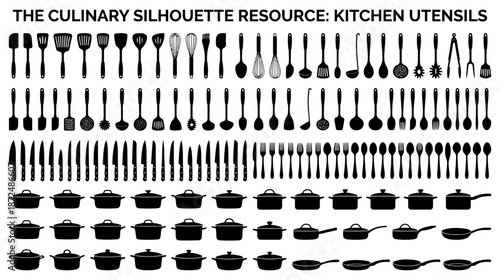 Kitchen Utensils Collection, Culinary Tools, Kitchen, Silhouette Art, Black and White, Top View, Culinary Resource