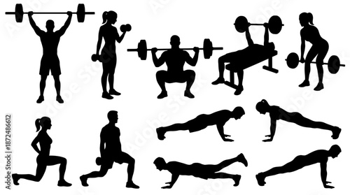 Strength Training Exercises, Gym, Silhouette Illustrations, Indoor, High-Contrast, Active Lifestyle