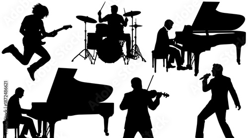 Musicians Playing Instruments in Silhouette, Stage Setting, High-Energy Environment, Creative Concept