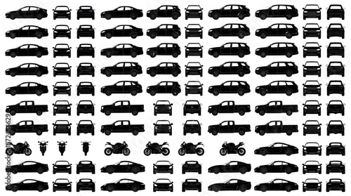 Diverse Collection of Vehicle Silhouettes Showcase, Graphic Design, Transport, Digital Art, Monochrome Style