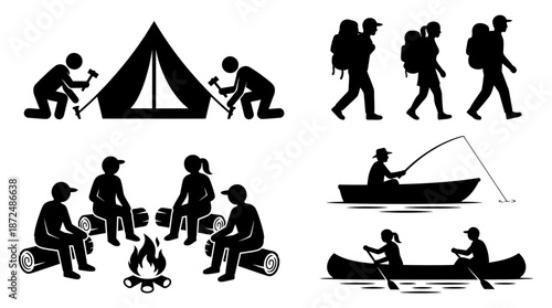 Hiking, Fishing, and Canoeing with Friends in Nature - Illustrative Artwork