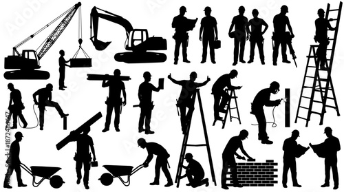 Silhouettes of Laborers at Work, Industrial Environment, Illustrative Graphic
