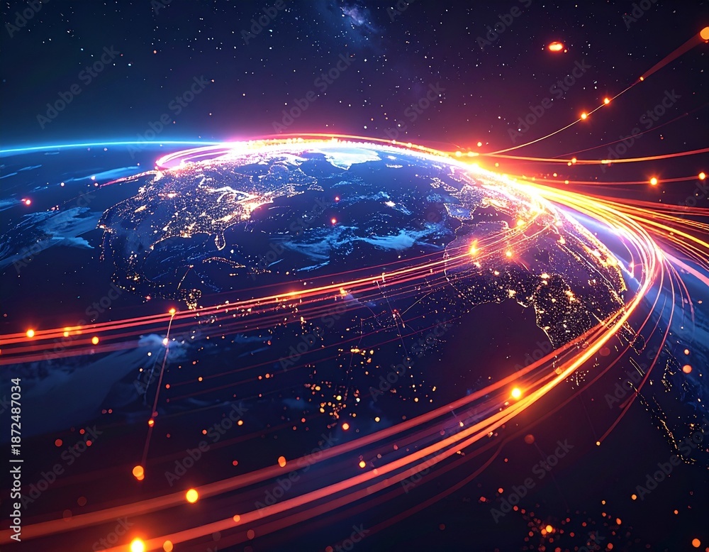 Obraz premium Intense streaks of bright orange light representing data flow curve across the dark curve of the Earth's illuminated surface toward the blackness of space.