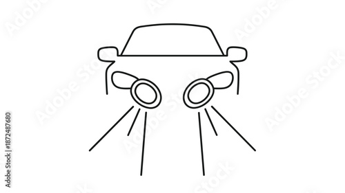 Simple line drawing of a car front view with bright headlights illuminating the road ahead