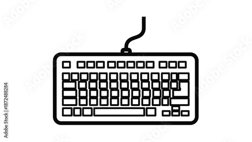 A simple black and white line drawing of a computer keyboard with a connected cable