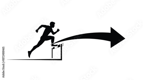 A silhouette of a person running and leaping forward with an arrow symbol