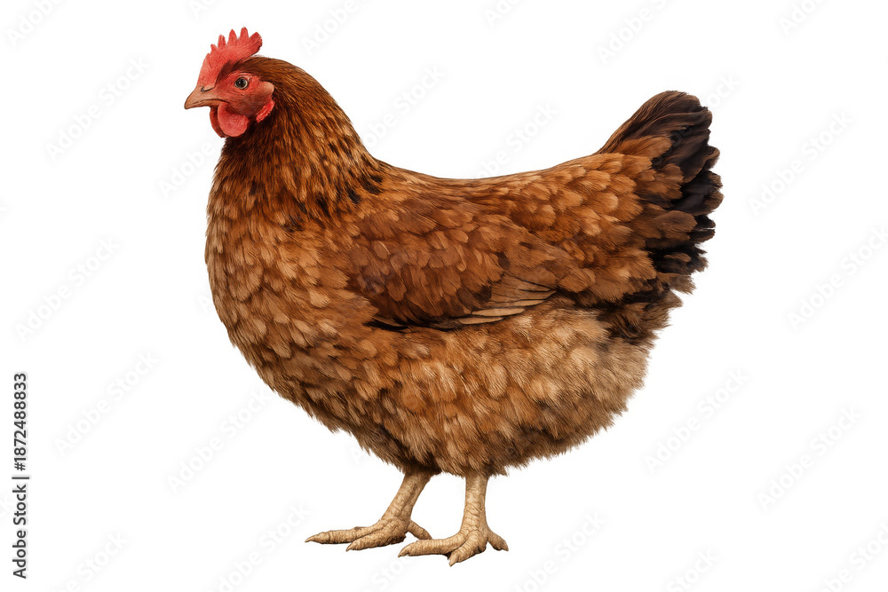 Fototapeta premium Brown domestic hen standing in a side profile, displaying textured feathers, a red comb and wattle. Isolated farm animal