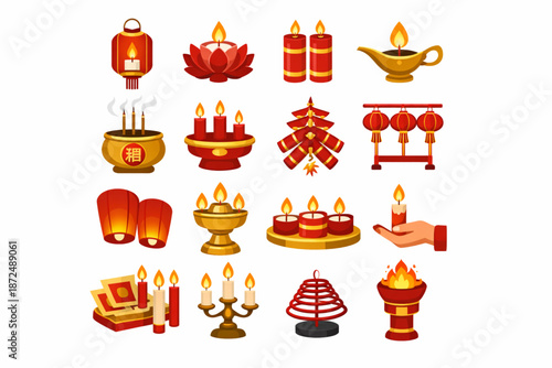 Chinese New Year Icon Grid Focused on Ceremonial Lighting Arrangements Flat Vector