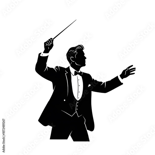 orchestra conductor in tuxedo leading with baton silhouette illustration 