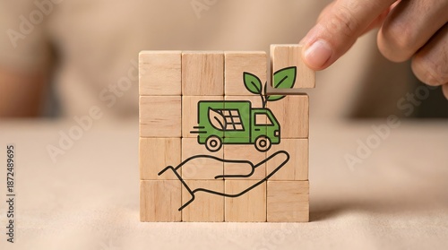 Eco friendly delivery concept with green truck on wooden blocks