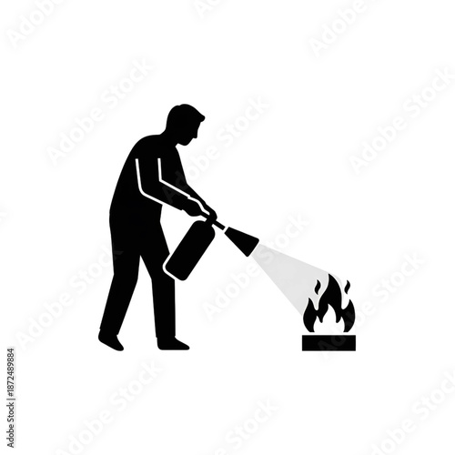 man using fire extinguisher to put out fire silhouette icon