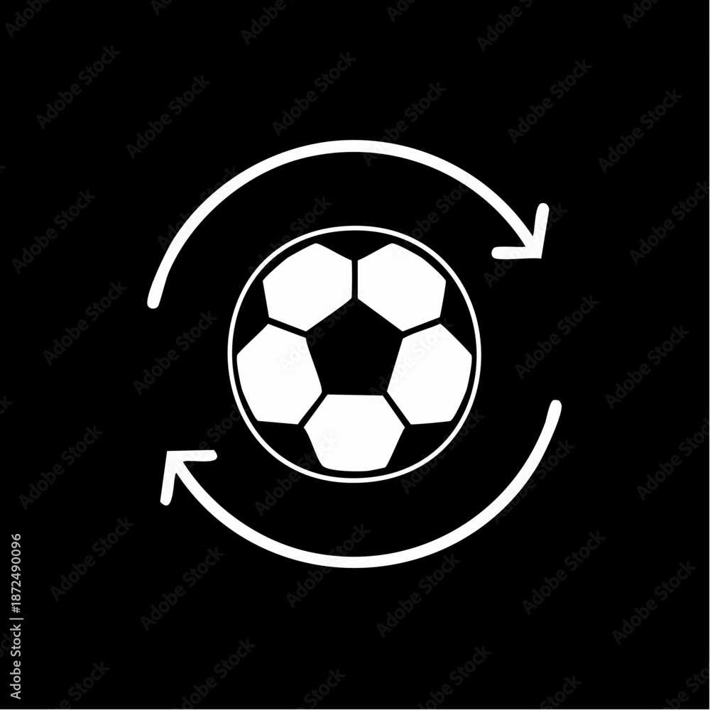 Fototapeta premium A white soccer ball with circular refresh arrows on a black background, symbolizing sports rotation or update.