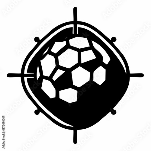 Abstract black and white graphic of a stylized diamond shape containing a cellular or fragmented polygonal pattern, surrounded by a crosshair design.