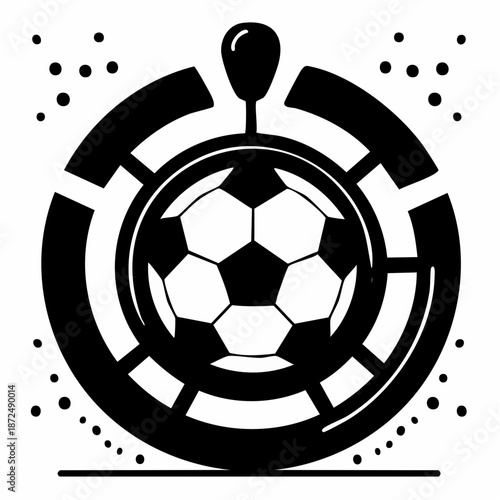 Black and white illustration of a soccer ball at the center of a segmented circular design, topped with a lever, evoking a sports game or lottery theme.