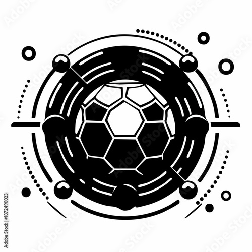 Stylized black and white illustration of a soccer ball at the center of a complex geometric and technological design with concentric circles and nodes.