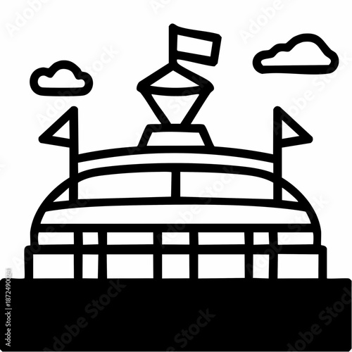 Black and white line art illustration of a stadium with flags and clouds.