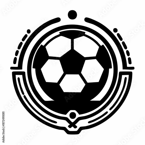 Stylized black and white emblem featuring a classic soccer ball at its center, surrounded by abstract geometric and circular patterns, representing sports or a team.