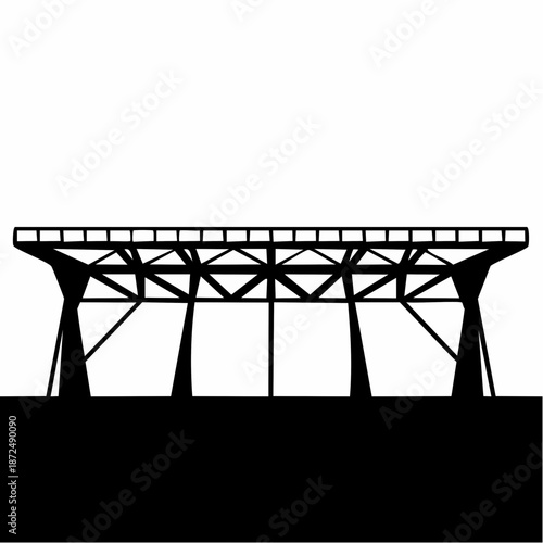 Black silhouette of a modern grandstand roof structure with triangular trusses and large supporting columns against a white background.