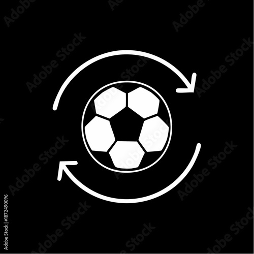 A white soccer ball with circular refresh arrows on a black background, symbolizing sports rotation or update.
