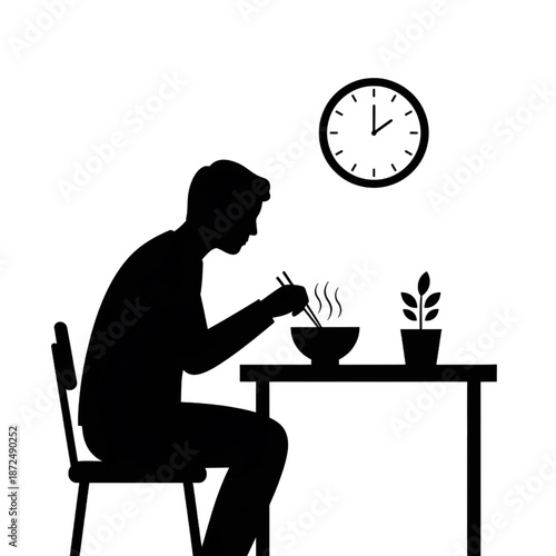 man sitting at table eating noodles with chopsticks silhouette icon 