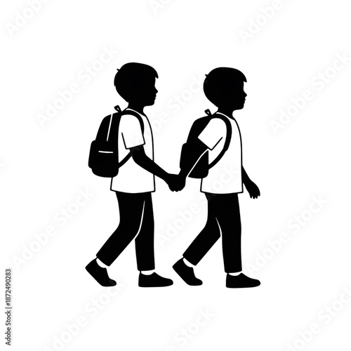 two school boys with backpacks walking and holding hands silhouette icon