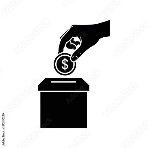 hand putting dollar coin in donation box icon silhouette