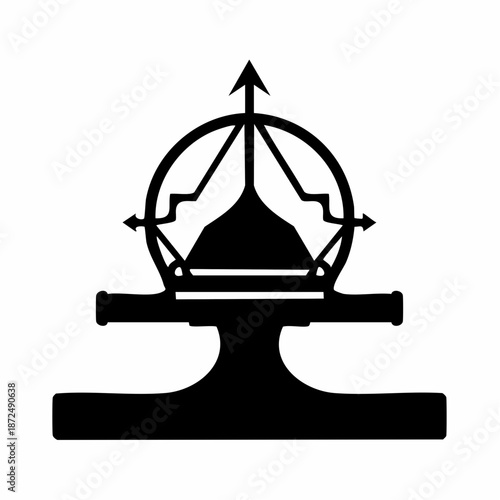 Stylized black silhouette of a symbolic structure resembling a stupa or temple with directional arrows and a solid base.