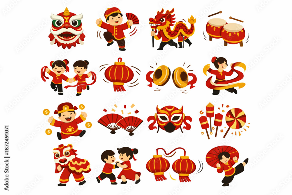 Obraz premium Chinese New Year Icon Grid Focused on Festive Movement and Dance Symbolism Flat Design