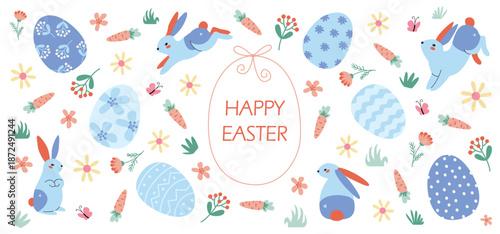 Happy Easter greeting card. Vector illustration with bunnies, decorated eggs, carrots and spring flowers.