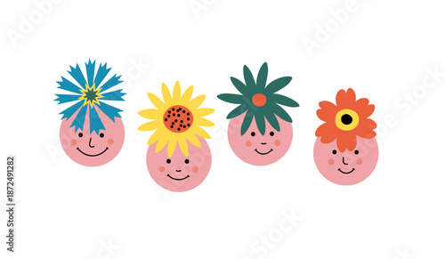 People flowers vector illustration. Funny faces.Cute abstract cartoon flowered characters in flat style. For children's designs, spring themes, stickers, card, banner. Isolated on a white background