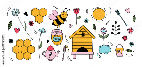 Honey and Beekeeping. Hand drawn in cartoon style Bee, hives, honeycomb, honey jar, flowers. For design, packaging, beekeeper logos, card, label. Isolated white background. Food and farm