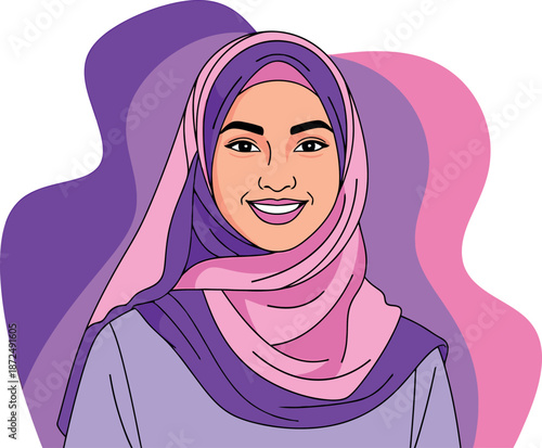 Modern cartoon illustration of a happy smiling young Muslim woman wearing a vibrant purple and pink hijab