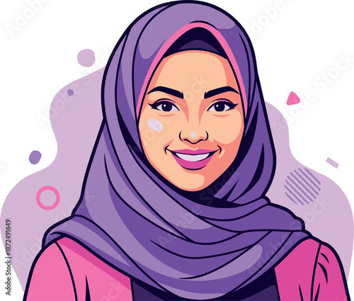 Smiling young muslim woman wearing a colorful purple hijab and pink top vector portrait illustration showcasing happiness and diversity