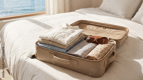 Beige luggage bag filled with neatly folded light clothing items and sunglasses, sitting on a bed in a sunlit room with an ocean view window, preparing for a trip