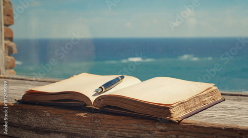 Old open book and vintage fountain pen on a weathered windowsill, overlooking blue sea and sky  a peaceful seaside writing scene evoking inspiration, memories, and daydreaming