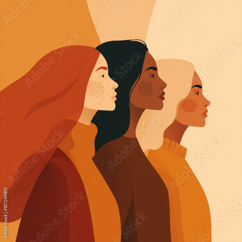 Diverse women in profile view together.