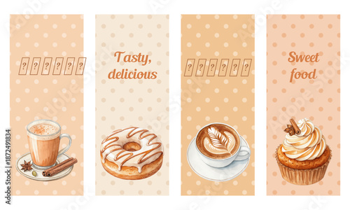 Watercolor sweet shop bookmarks with coffee and pastry