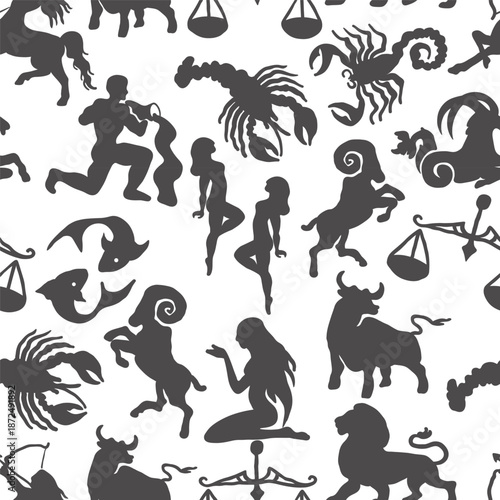 Seamless pattern with zodiac signs silhouettes in hand drawn style.Element for decoration design print background backdrop wrapping wallpaper banner textile