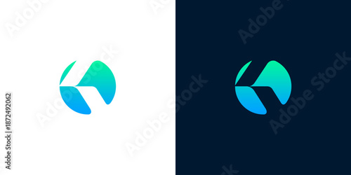 Modern abstract letter K logo design in blue-green gradient on light and dark backgrounds