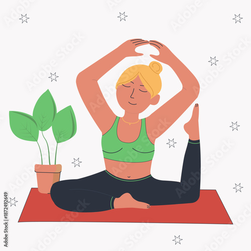 Blonde woman on yoga mat doing yoga closed eyes, international yoga day, yoga day banner