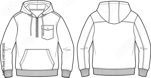 Half-zip hooded sweatshirt sketch, front and back view, kangaroo and chest pockets, fashion design, flat vector illustration