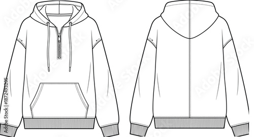 Half-zip hooded sweatshirt sketch, front and back view, kangaroo pocket, ribbed cuffs and hem, flat vector illustration